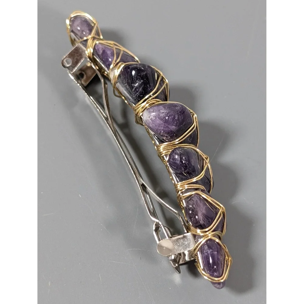 Artisan Purple Gemstone Wire Wrapped Hair Barrette Gold Tone Handmade